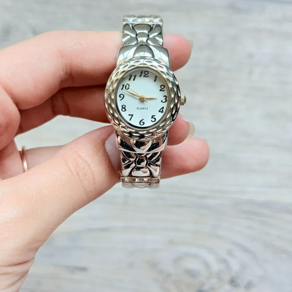 Vintage Silver Tone Cuff Bracelet Watch Floral Stretch Bangle Quartz Antique